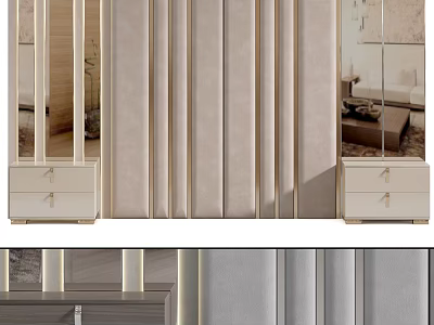 Modern Bedroom Headboard Design With Upholstered Panel Gold Accents And Nightstand 3d model