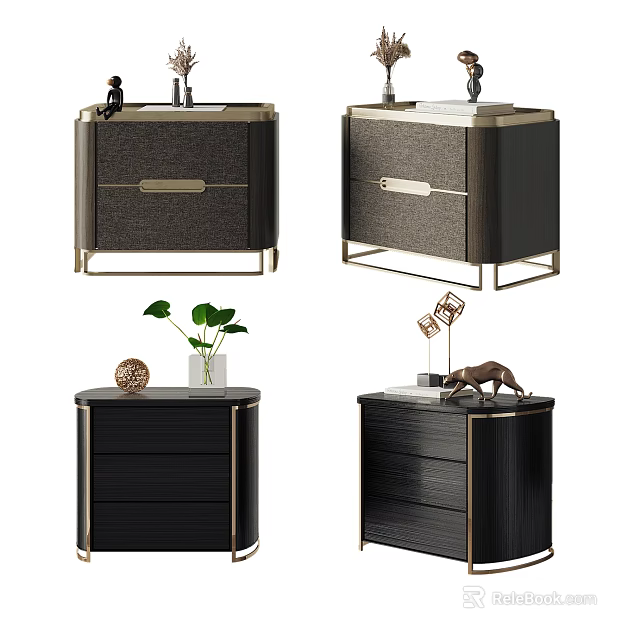 Modern Elegant Wooden Bedside Table With Metal Accents Drawers And Decorative Items 3d model 