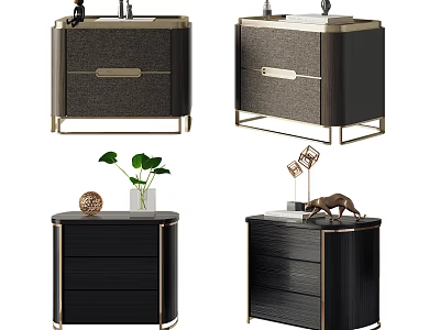 Modern Elegant Wooden Bedside Table With Metal Accents Drawers And Decorative Items 3d model
