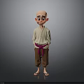 Cartoon Character With Bald Head Beige Top Brown Pants Red Sash Sandals Gray Background
