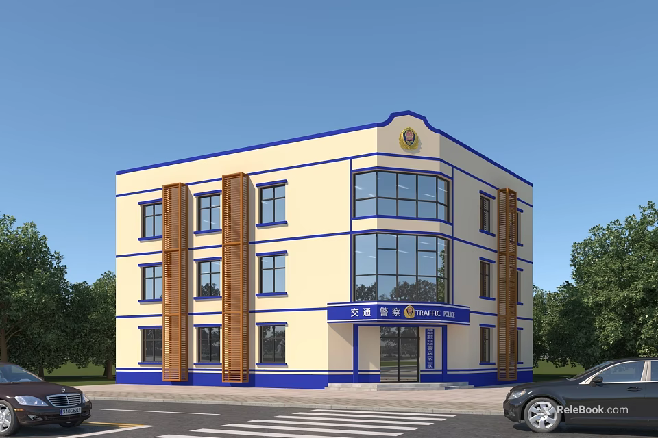 Police Station Exterior Building Blue White Facade Multi Story Structure With Trees Road And Cars 3d model 