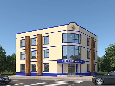 Police Station Exterior Building Blue White Facade Multi Story Structure With Trees Road And Cars 3d model