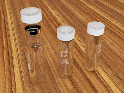 Four Transparent Glass Cups With White Lids Arranged On Wooden Tabletop 3d model