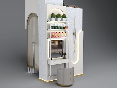 Modern White Display Shelf with Green Plants Product Display LED Strip Lights and Small Stool 3d model