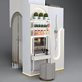 Modern White Display Shelf with Green Plants Product Display LED Strip Lights and Small Stool