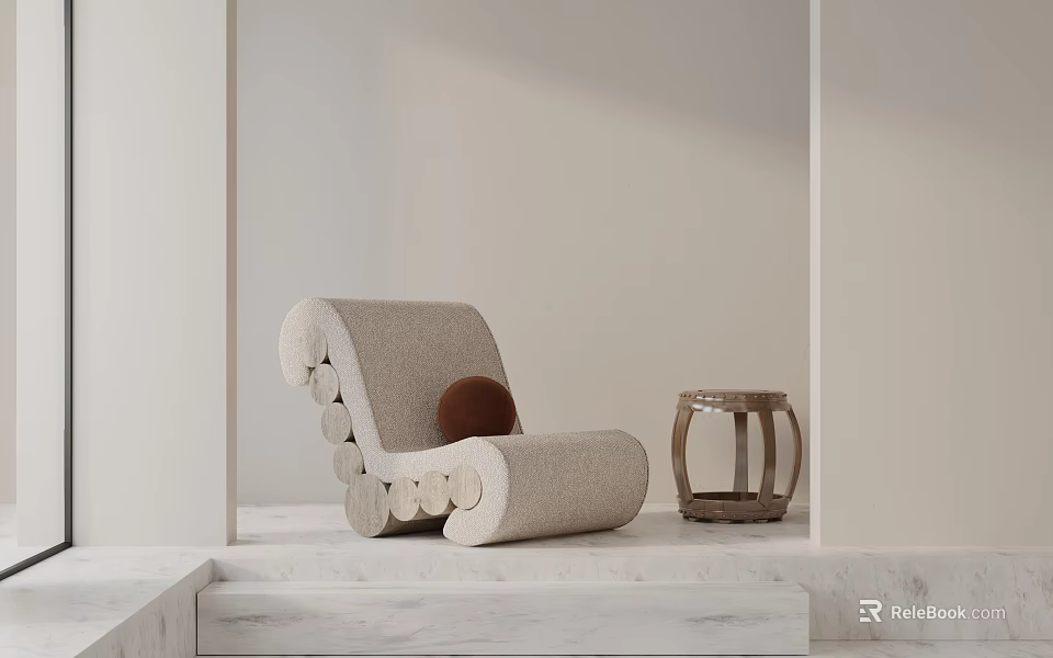 Beige Leisure Chair With Curved Design Brown Cushion And Rattan Side Table On Marble Floor 3d model 