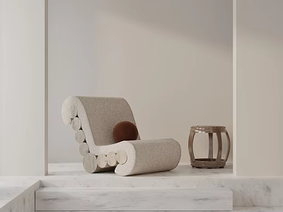 Beige Leisure Chair With Curved Design Brown Cushion And Rattan Side Table On Marble Floor 3d model