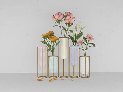 Colorful Vases With Gold Metal Frames Holding Pink Yellow White Flowers On Light Gray Background 3d model