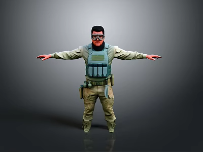 Man In Tactical Military Uniform With Goggles Vest And Arms Outstretched On Gray Background 3d model