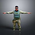 Man In Tactical Military Uniform With Goggles Vest And Arms Outstretched On Gray Background
