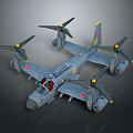 Detailed Space and Aerospace Aircraft Model Featuring Four Propellers Gray Body Red Insignias And Cockpit