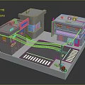 Miniature Urban Scenery With Colorful Buildings Pink Blue Accents Street Crosswalk And Power Pole