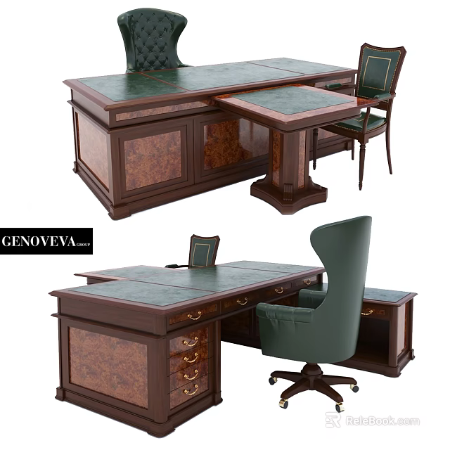 Elegant Classic Desk And Chair Set Interior With Green Leather Chair And Wooden Structure 3d model 