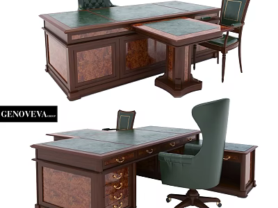 Elegant Classic Desk And Chair Set Interior With Green Leather Chair And Wooden Structure 3d model