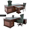 Elegant Classic Desk And Chair Set Interior With Green Leather Chair And Wooden Structure
