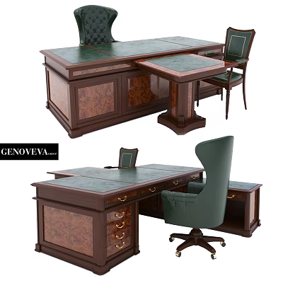 Elegant Classic Desk And Chair Set Interior With Green Leather Chair And Wooden Structure 3d model