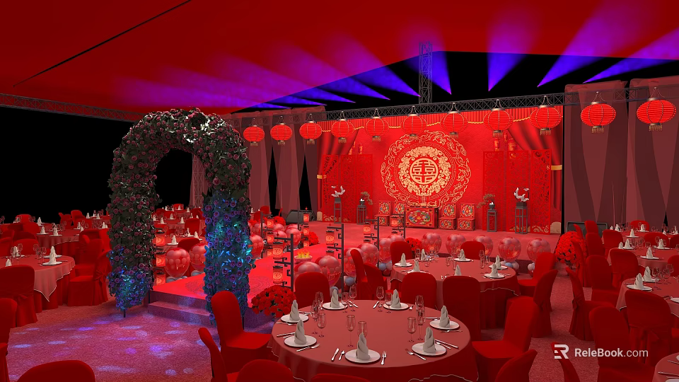 Red Themed Wedding Decor With Decorative Arch Lanterns Stage And Dining Tables 3d model