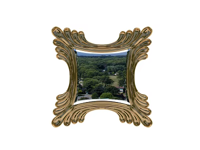 Ornate Gold Framed Mirror Reflecting Lush Green Trees And Natural Scenery 3d model