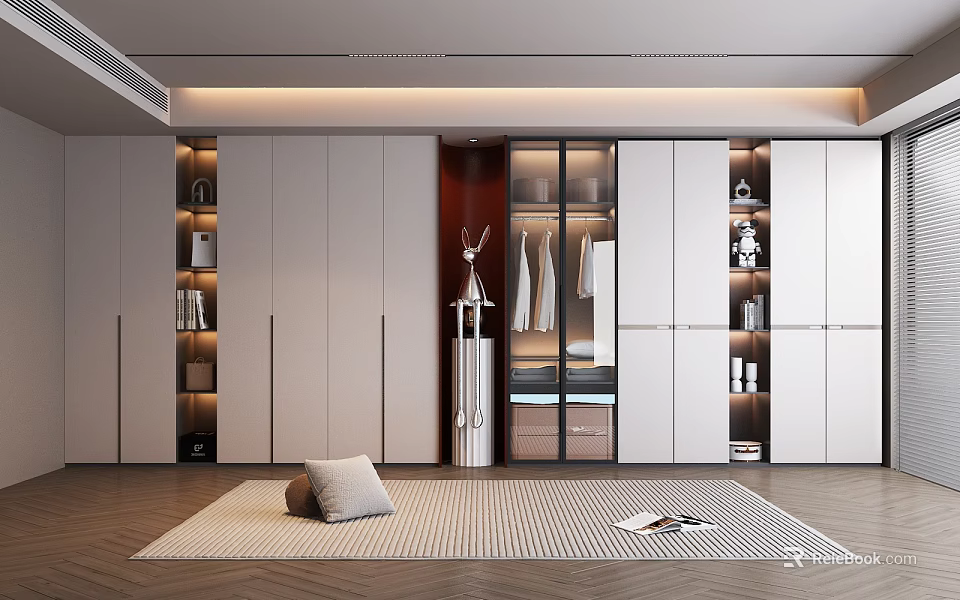 Modern White Wardrobe Interior With Sliding Glass Doors And Built-in Lighting 3d model 