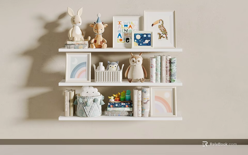 Kids Room White Floating Shelves with Stuffed Animals Books and Rainbow Decor 3d model 