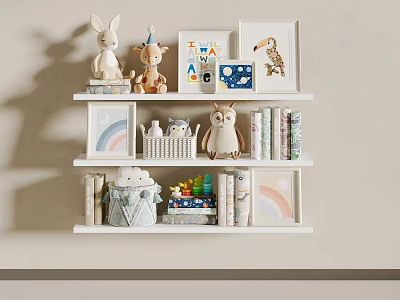 Kids Room White Floating Shelves with Stuffed Animals Books and Rainbow Decor 3d model