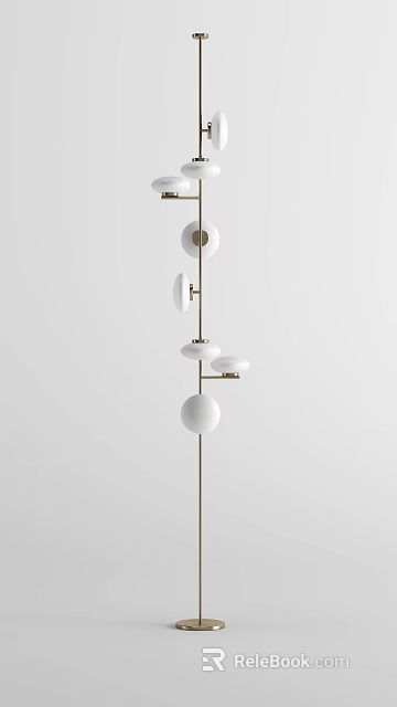 Modern Floor Lamp With Brass Frame And Multiple White Spherical Shades 3d model 