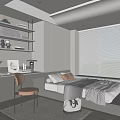 Modern Tatami Bedroom Interior With Desk Chair Bookshelf Pillows And Window