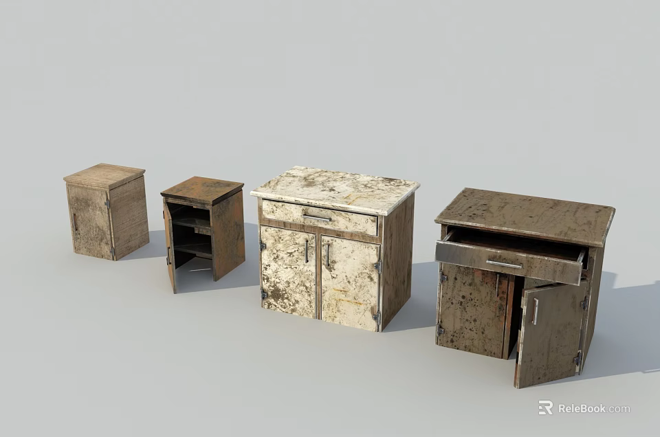 Vintage Wooden Bedside Tables With Worn Surfaces Drawers And Cabinet Doors 3d model 