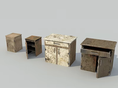 Vintage Wooden Bedside Tables With Worn Surfaces Drawers And Cabinet Doors 3d model