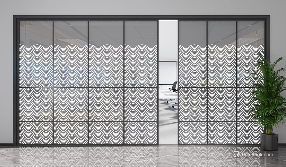 Modern Office Interior Glass Partition With Wavy Pattern Design 3d model