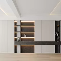 Modern Sofa Background Wall Design With White Black Built in Shelves And LED Lighting