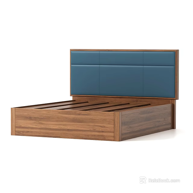 Modern Double Bed with Blue Padded Headboard and Wooden Frame Design 3d model 