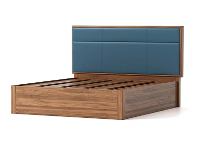 Modern Double Bed with Blue Padded Headboard and Wooden Frame Design 3d model