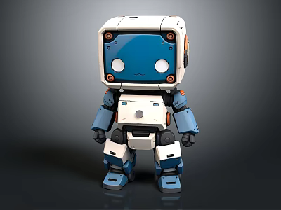 Cute Cartoon Style White Blue Robot With Square Head Round Eyes 3d model