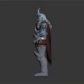 Horned Blue Skinned Mythical Warrior Character With Silver Armor And Red Cloak