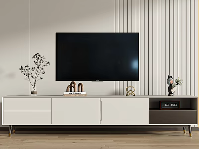 Modern Minimalist TV Stand With White Gray Drawers Cabinets Small Plant Figurine And Decorative Items 3d model