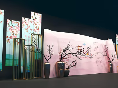 Elegant Tea Ceremony Display With Pink Backdrop Chinese Calligraphy Cherry Blossom Screens And Metal Vases 3d model