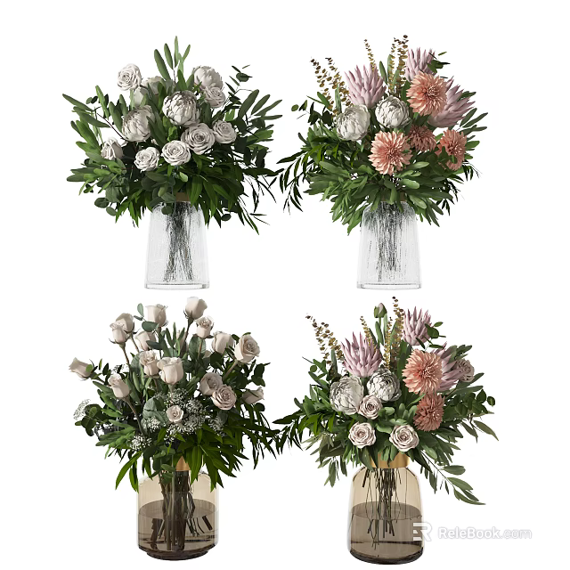 Assorted Vase Flowers With White Pink Blooms And Green Foliage In Glass Vases 3d model 