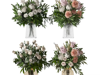 Assorted Vase Flowers With White Pink Blooms And Green Foliage In Glass Vases 3d model