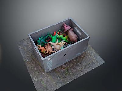 Wooden Box Filled With Various Colored Dinosaur Toy Figures For Kids 3d model