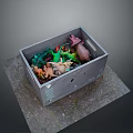 Wooden Box Filled With Various Colored Dinosaur Toy Figures For Kids