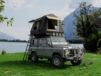 Scenic Mountain Lake View With Off Road Vehicle And Roof Tent On Green Meadow 3d model