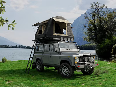 Scenic Mountain Lake View With Off Road Vehicle And Roof Tent On Green Meadow 3d model