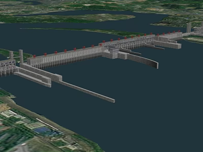 Scenic Landscape View Of Large Dam With River Water And Surrounding Greenery From Aerial Perspective 3d model