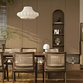 Cozy Restaurant Interior With Rattan Chairs Wooden Dining Table White Pendant Light And Arched Shelf