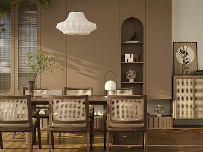 Cozy Restaurant Interior With Rattan Chairs Wooden Dining Table White Pendant Light And Arched Shelf 3d model