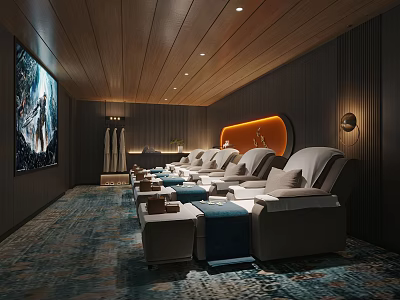 Luxurious SPA Sauna Interior With Wooden Ceiling Massage Chairs And Ambient Lighting 3d model