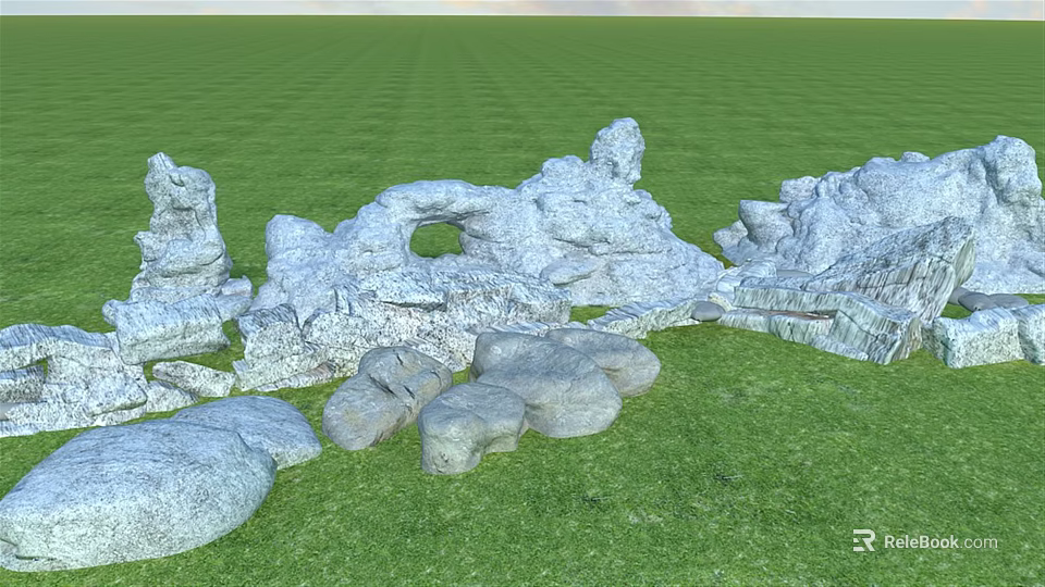 Stone And Wood Landscape Elements On Green Grass Natural Outdoor Scene 3d model 