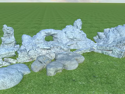 Stone And Wood Landscape Elements On Green Grass Natural Outdoor Scene 3d model
