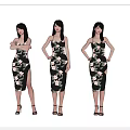 Game Movie Female Character in Floral Dress Pink Flowers Side Slit High Heels Black Background